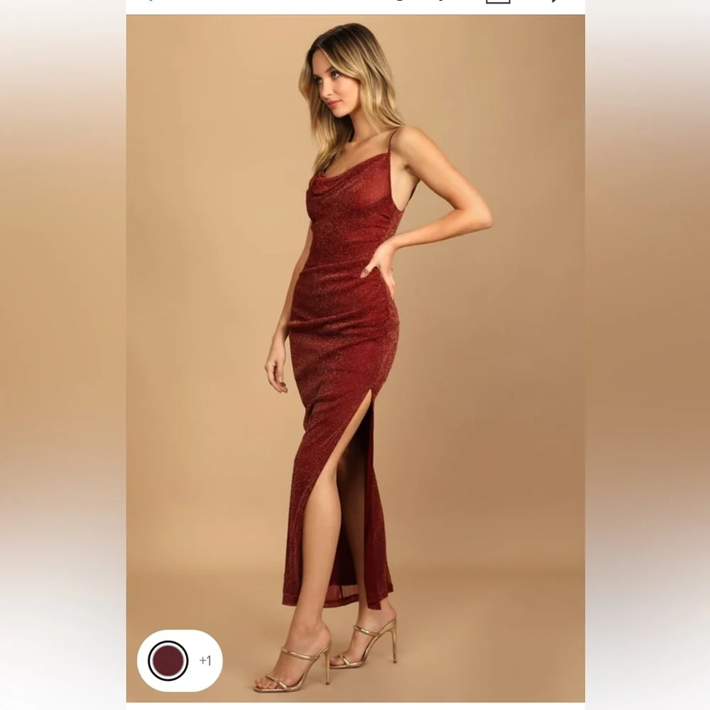 NWT Lulus Next Please Gold and Burgundy Cowl Neck Bodycon Dress - Picture 2 of 15